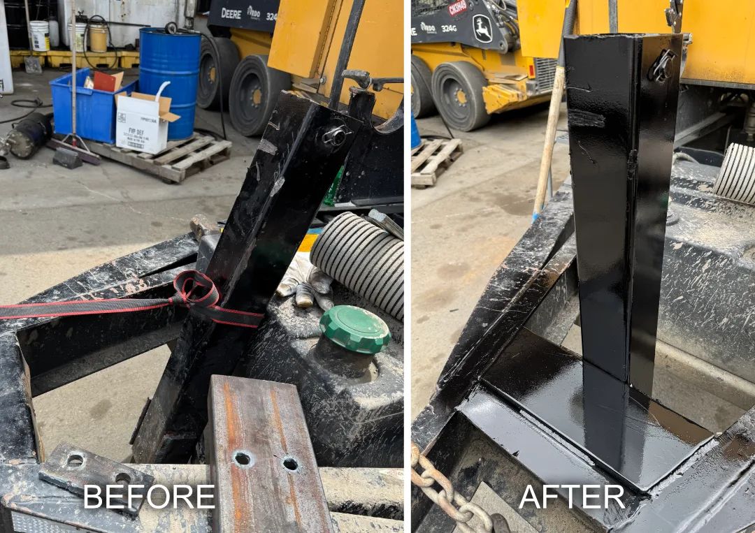 Before and after of a trailer landing leg repair
